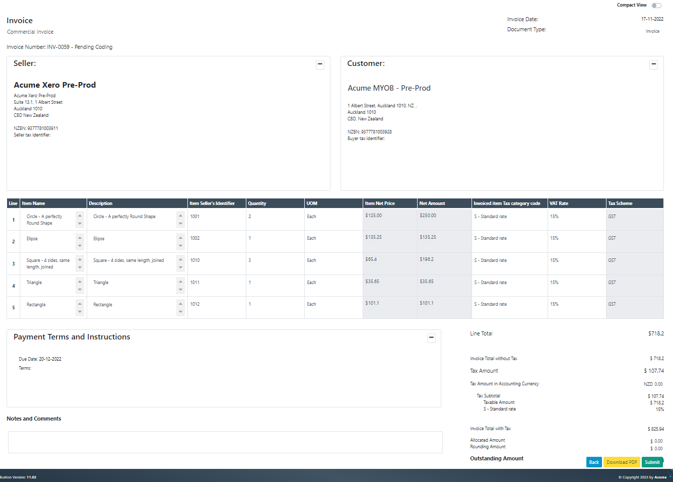 screenshot of Acume eInvoicing
